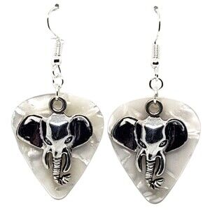 Lg Elephant Head Charm on Guitar Pick Earrings - Choose Color - Handmade in USA